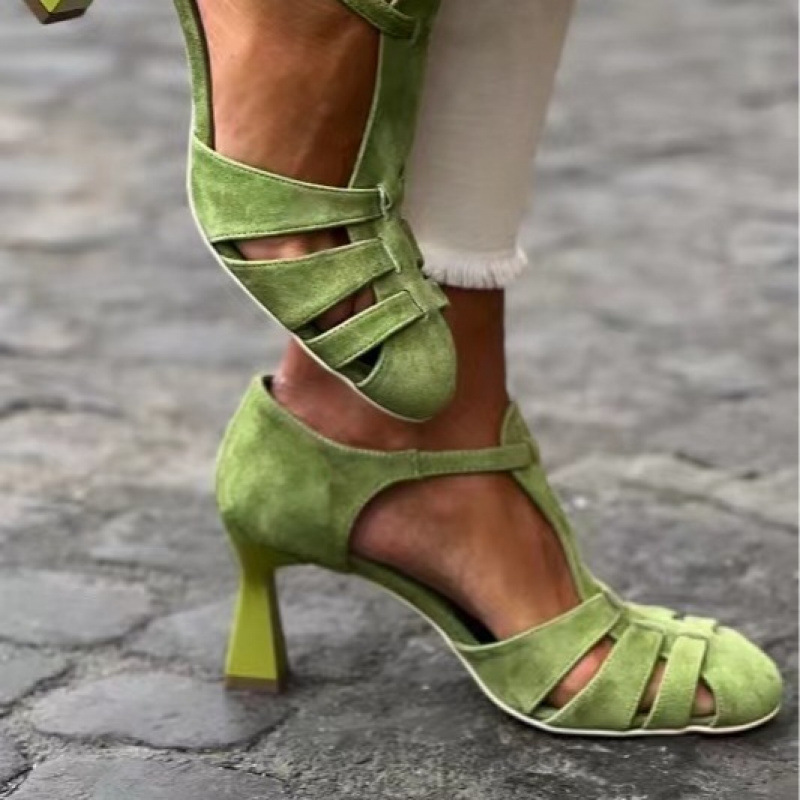 Summer Clothing Offers - Women's Green Suede Kitten Heel T-Strap