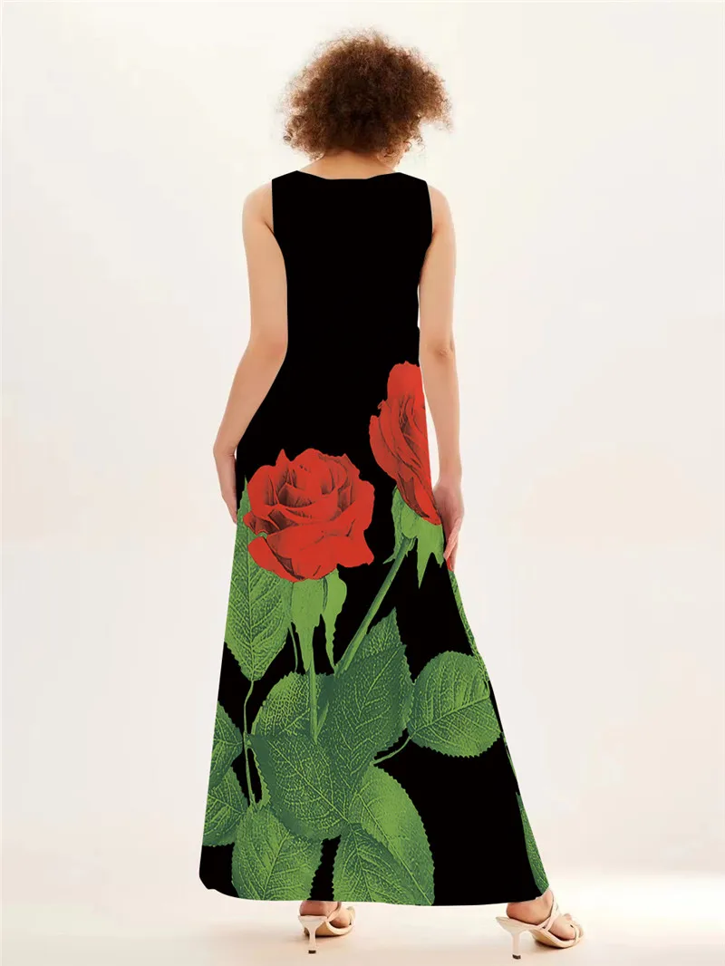 Red Rose Print Long Dress For  - đánh giá và giá Summer Rose Clothing