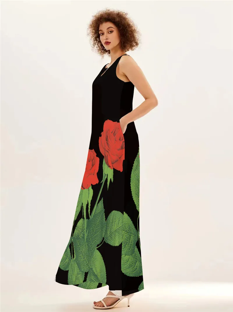 Red Rose Print Long Dress For  - đánh giá và giá Summer Rose Clothing