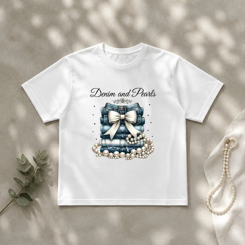 Women's Denim Pearl Print Crew - đánh giá và giá Summer Clothing Must Haves