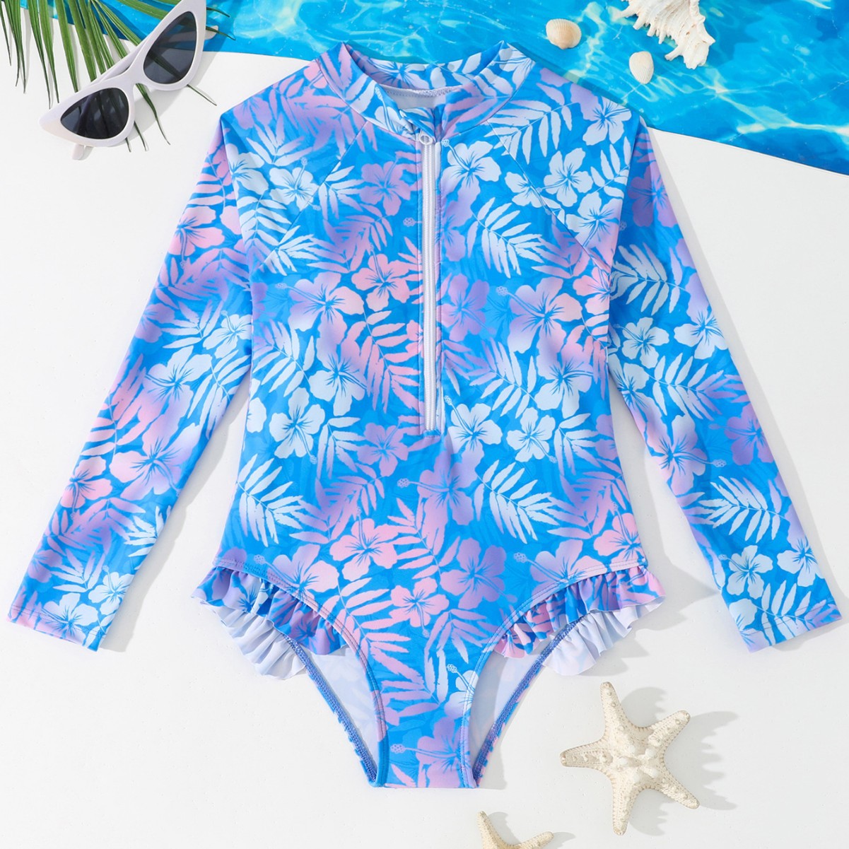 Girls Gradient Hibiscus Print  - đánh giá và giá Rash Guard Long Sleeve