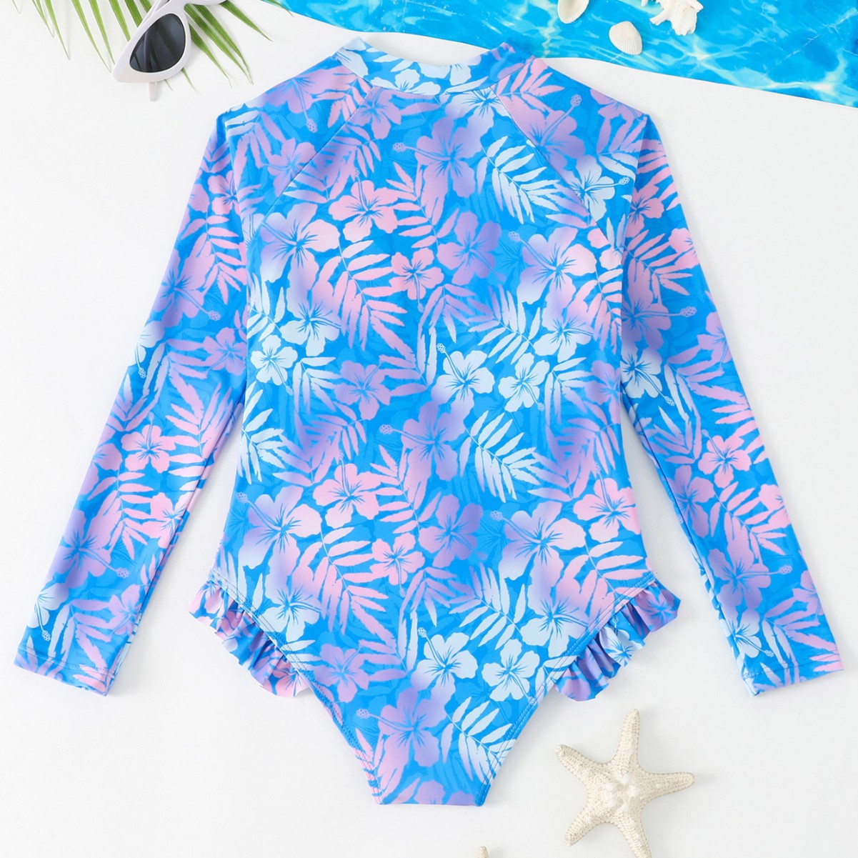 Girls Gradient Hibiscus Print  - đánh giá và giá Rash Guard Long Sleeve